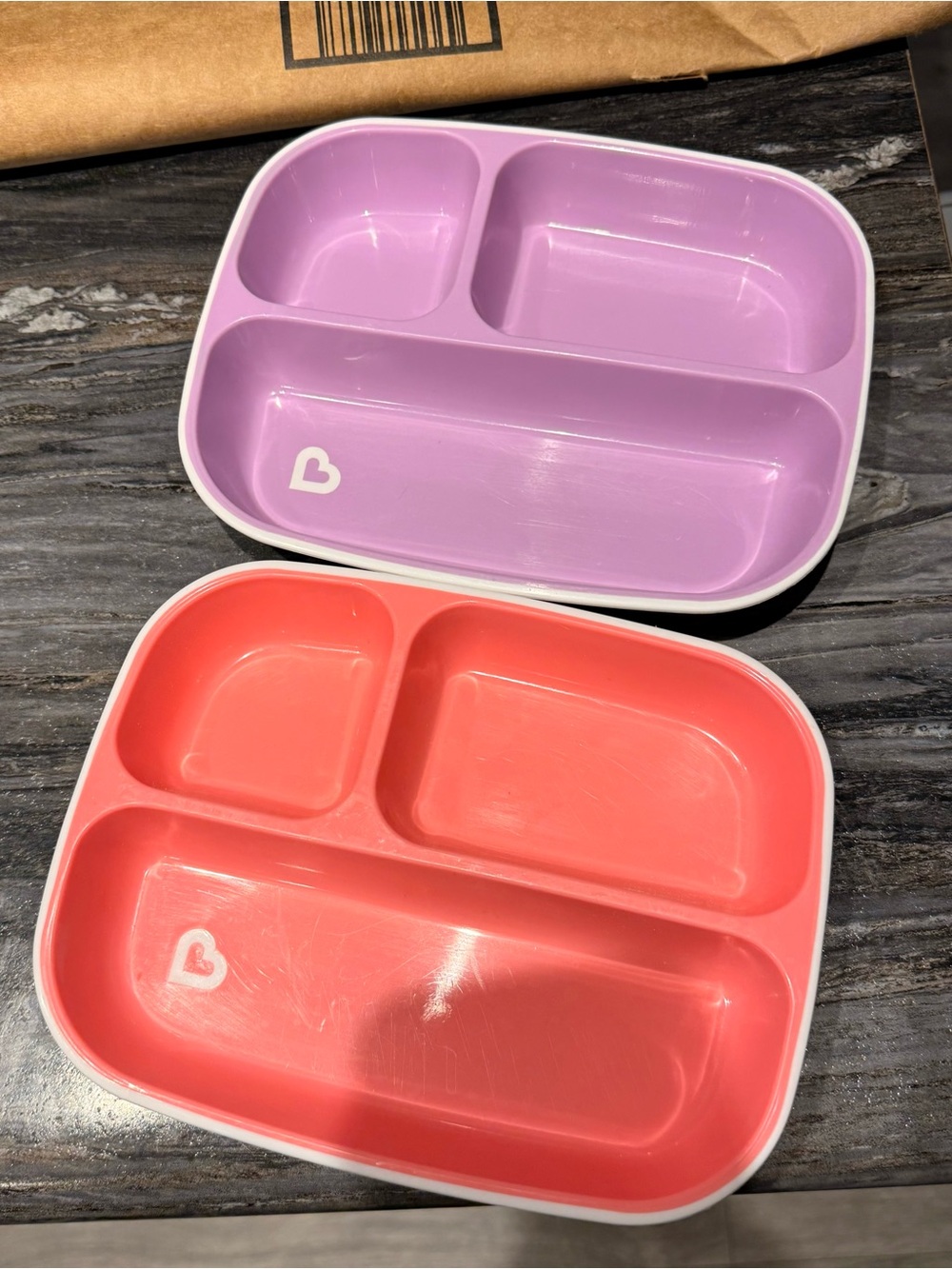 Munchkin Divided hard plastic Kids Plates - Pink and Purple